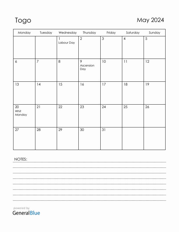 May 2024 Togo Calendar with Holidays (Monday Start)
