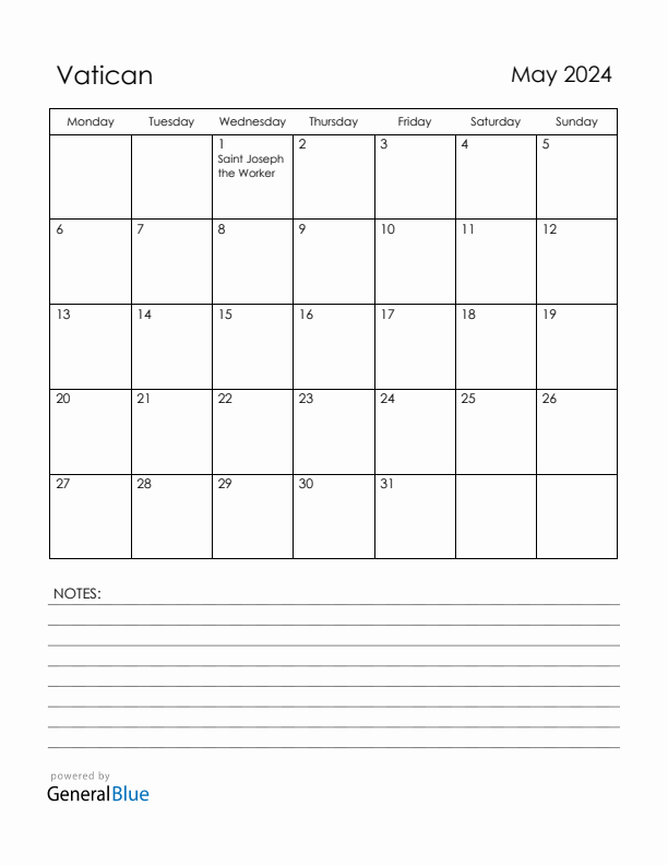 May 2024 Vatican Calendar with Holidays (Monday Start)