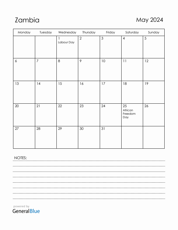May 2024 Zambia Calendar with Holidays (Monday Start)
