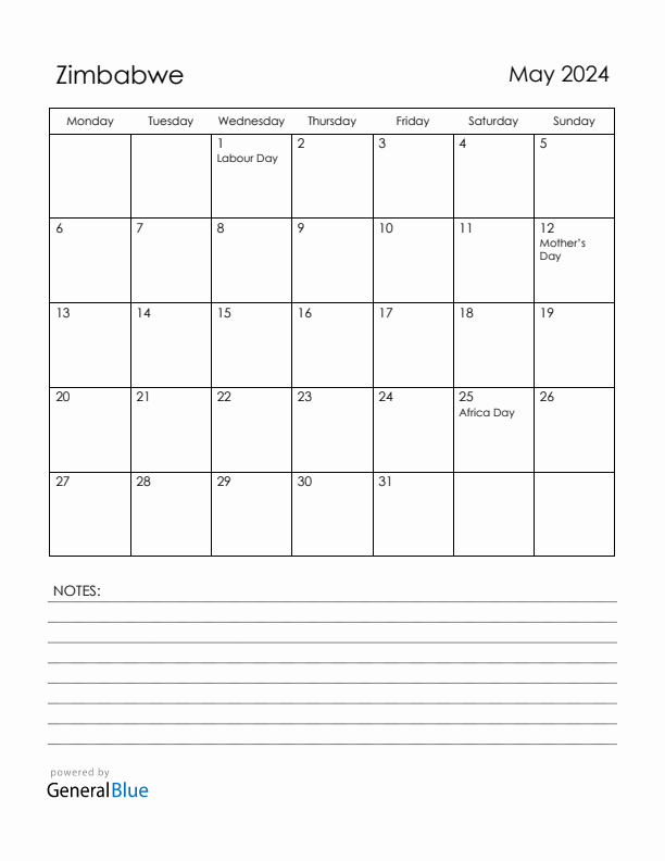 May 2024 Zimbabwe Calendar with Holidays (Monday Start)