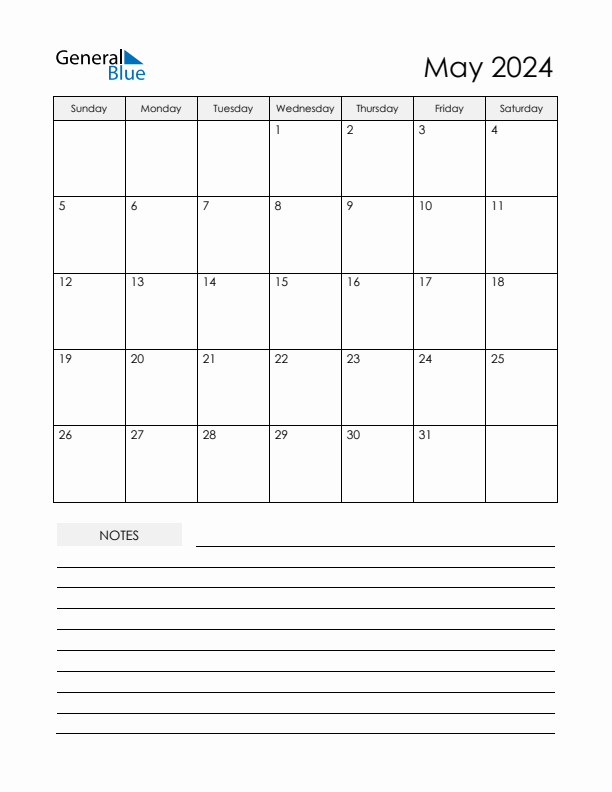 Printable Calendar with Notes - May 2024 