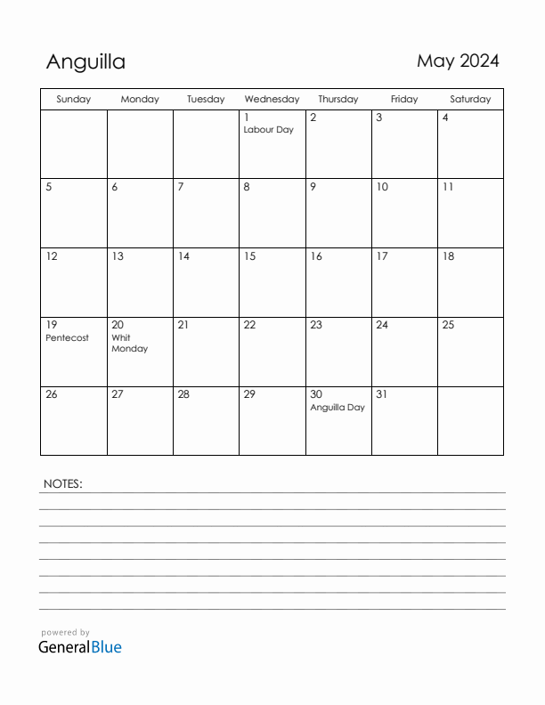May 2024 Anguilla Calendar with Holidays (Sunday Start)