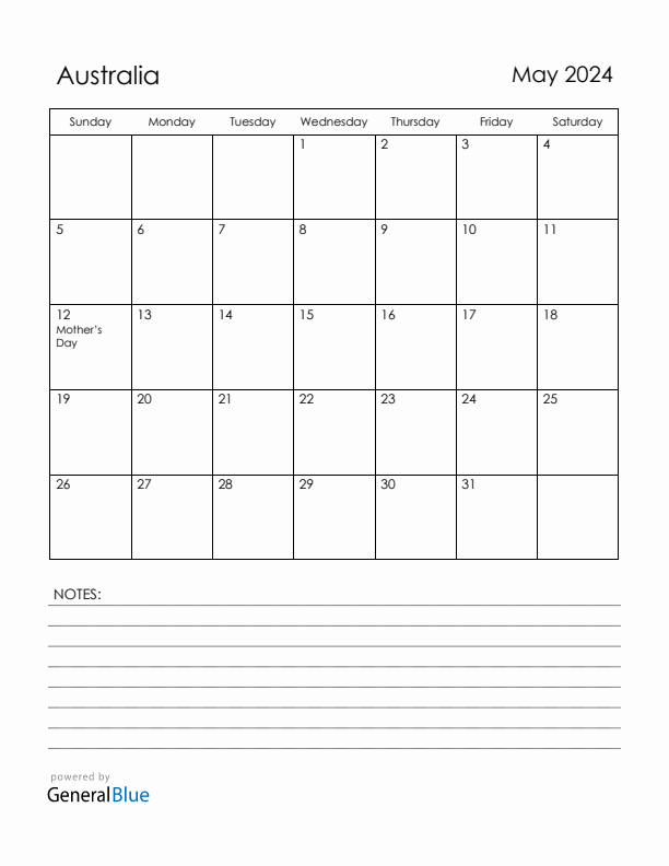 May 2024 Australia Calendar with Holidays (Sunday Start)