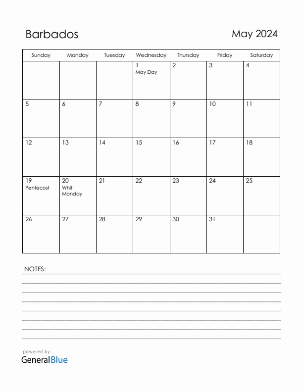 May 2024 Barbados Calendar with Holidays (Sunday Start)