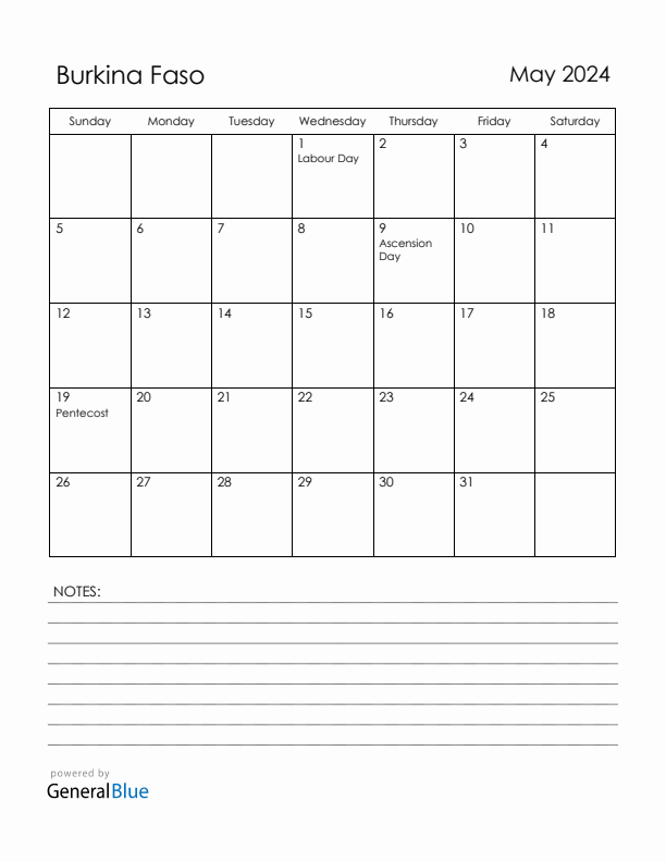 May 2024 Burkina Faso Calendar with Holidays (Sunday Start)