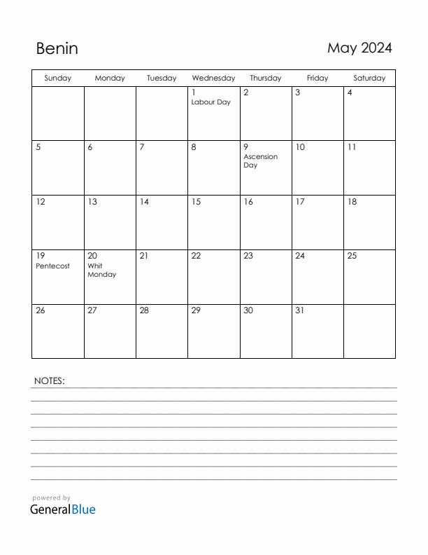 May 2024 Benin Calendar with Holidays (Sunday Start)