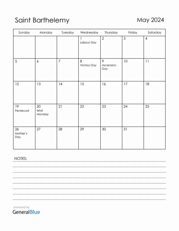May 2024 Saint Barthelemy Calendar with Holidays (Sunday Start)