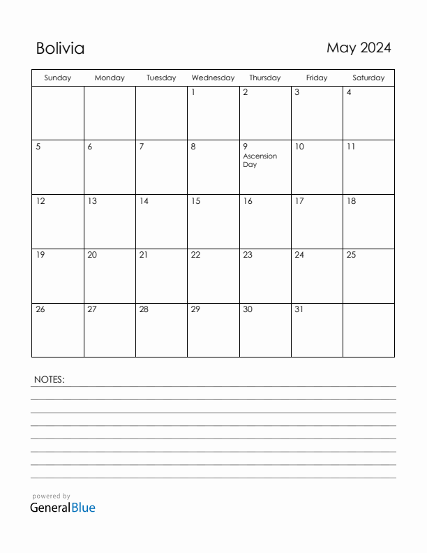 May 2024 Bolivia Calendar with Holidays (Sunday Start)