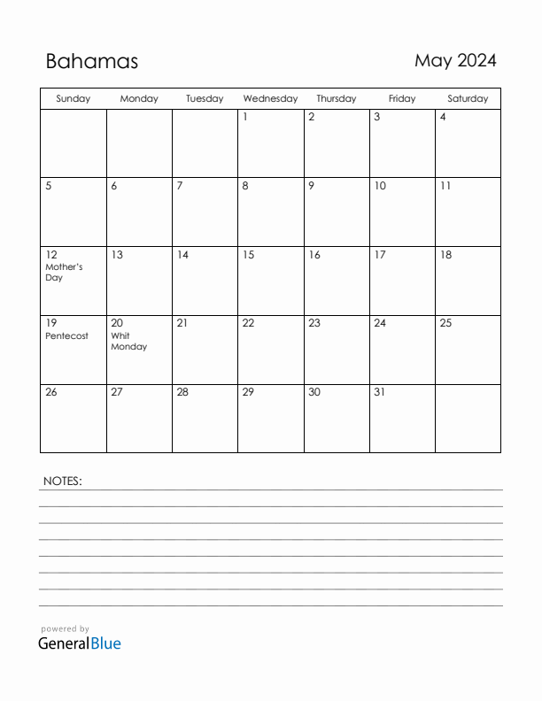 May 2024 Bahamas Calendar with Holidays (Sunday Start)