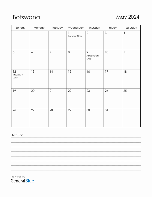 May 2024 Botswana Calendar with Holidays (Sunday Start)