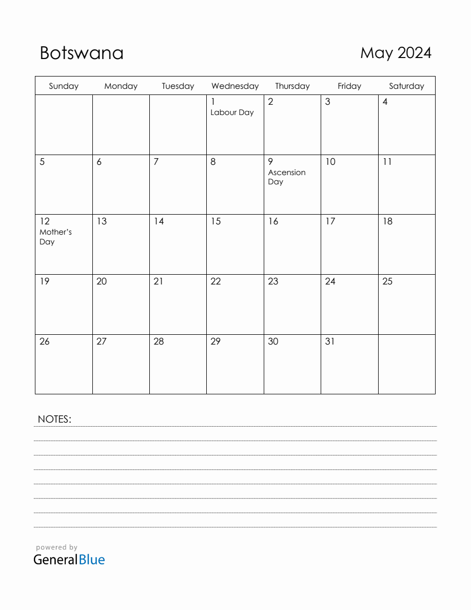 May 2025 Botswana Calendar with Holidays