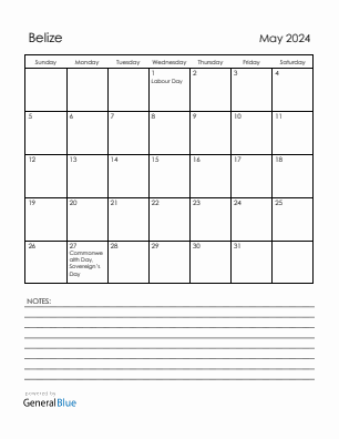 Current month calendar with Belize holidays for May 2024