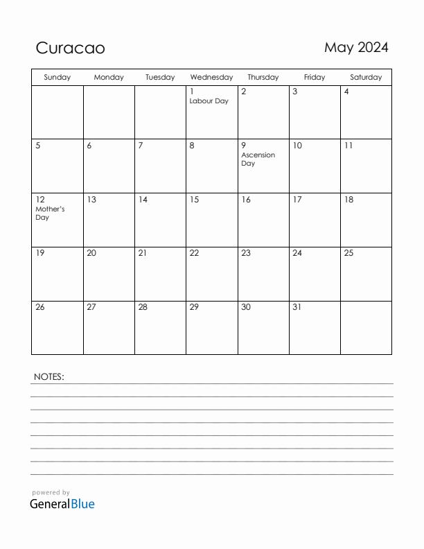 May 2024 Curacao Calendar with Holidays (Sunday Start)