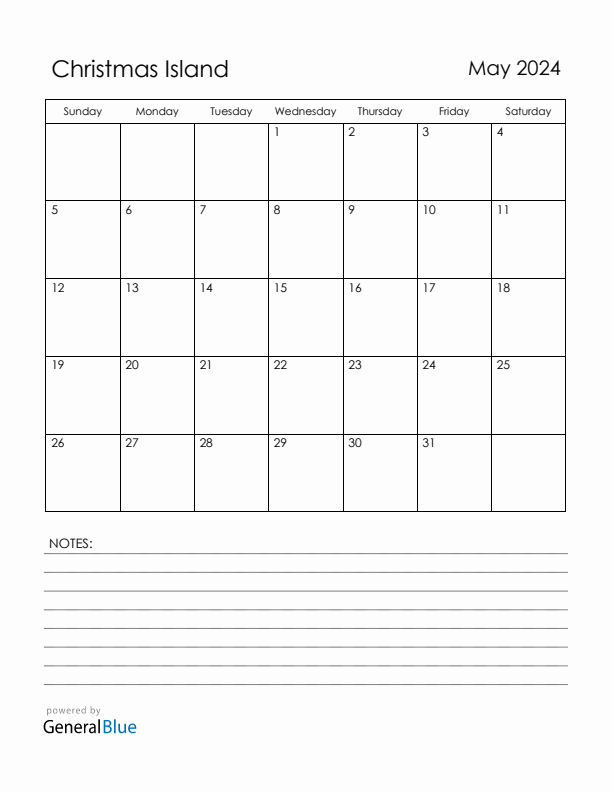 May 2024 Christmas Island Calendar with Holidays (Sunday Start)