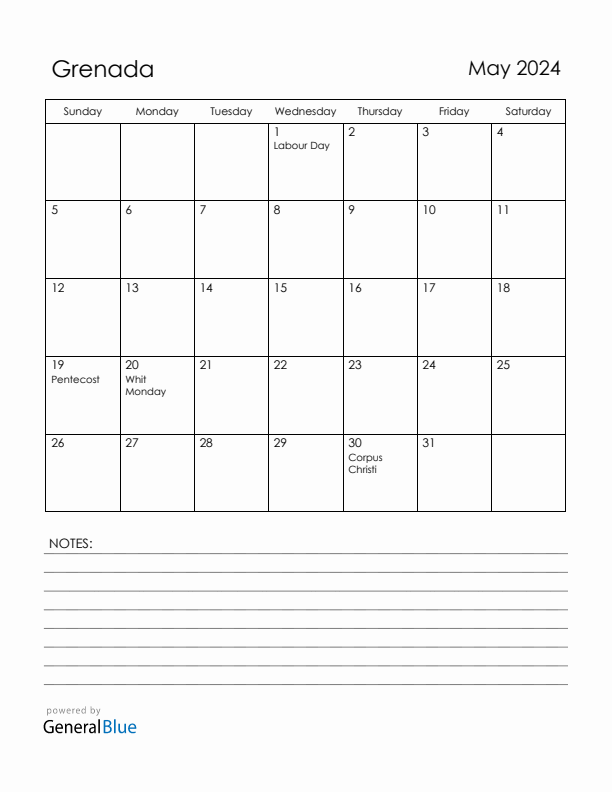 May 2024 Grenada Calendar with Holidays (Sunday Start)