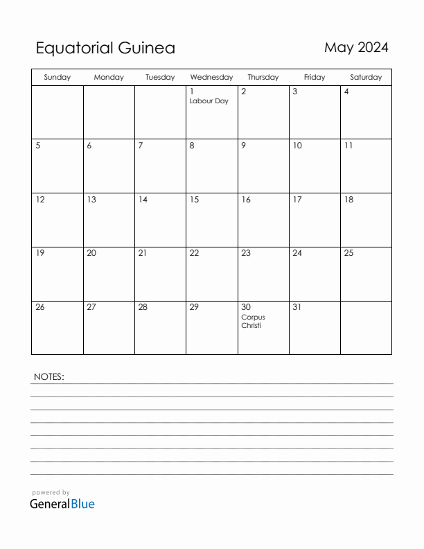 May 2024 Equatorial Guinea Calendar with Holidays (Sunday Start)