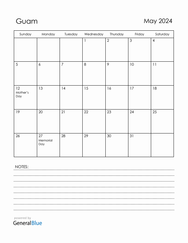 May 2024 Guam Calendar with Holidays (Sunday Start)