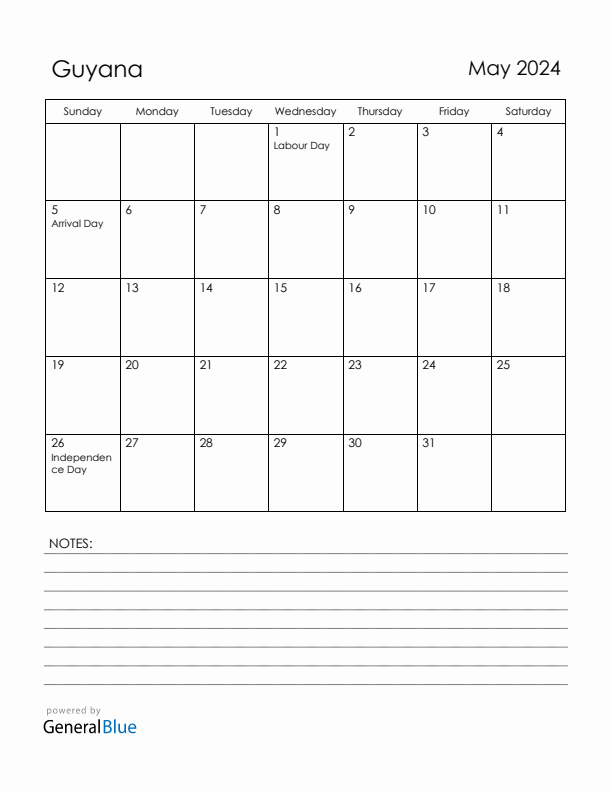 May 2024 Guyana Calendar with Holidays (Sunday Start)