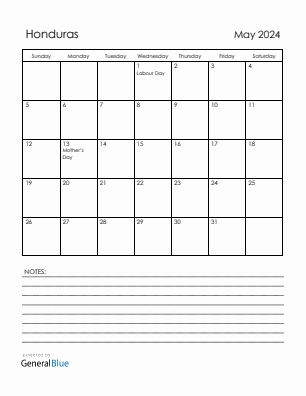 Current month calendar with Honduras holidays for May 2024