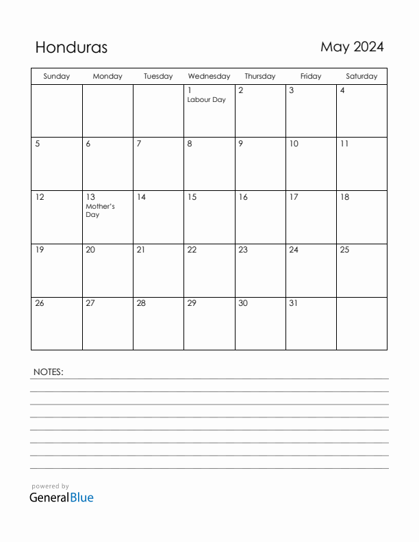 May 2024 Honduras Calendar with Holidays (Sunday Start)