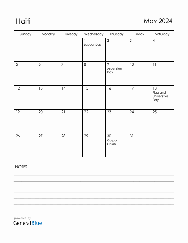 May 2024 Haiti Calendar with Holidays (Sunday Start)