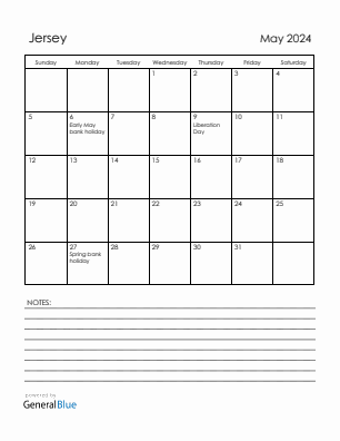 Current month calendar with Jersey holidays for May 2024