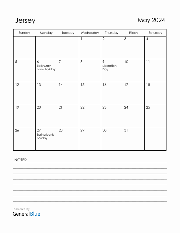May 2024 Jersey Calendar with Holidays (Sunday Start)