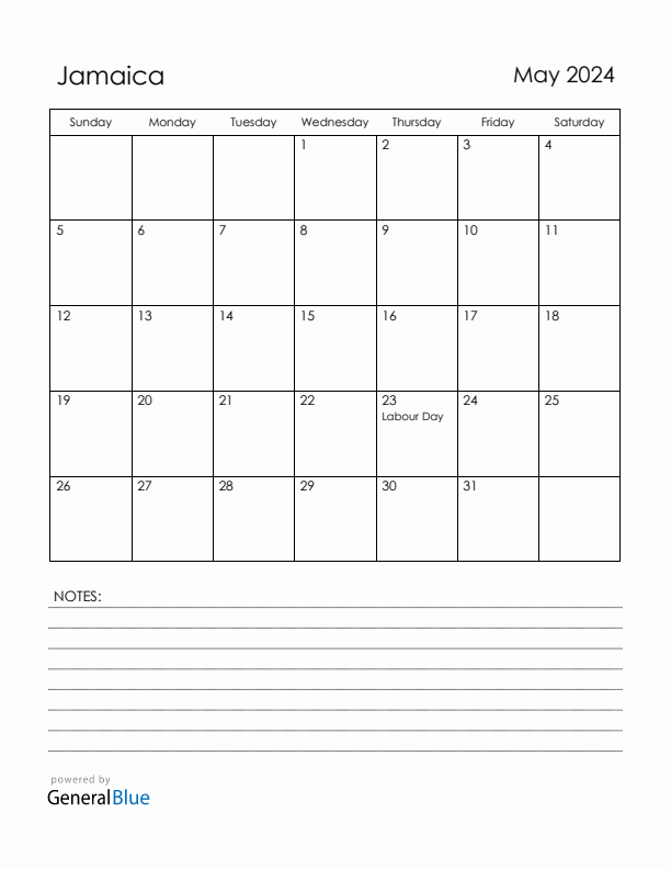 May 2024 Jamaica Calendar with Holidays (Sunday Start)