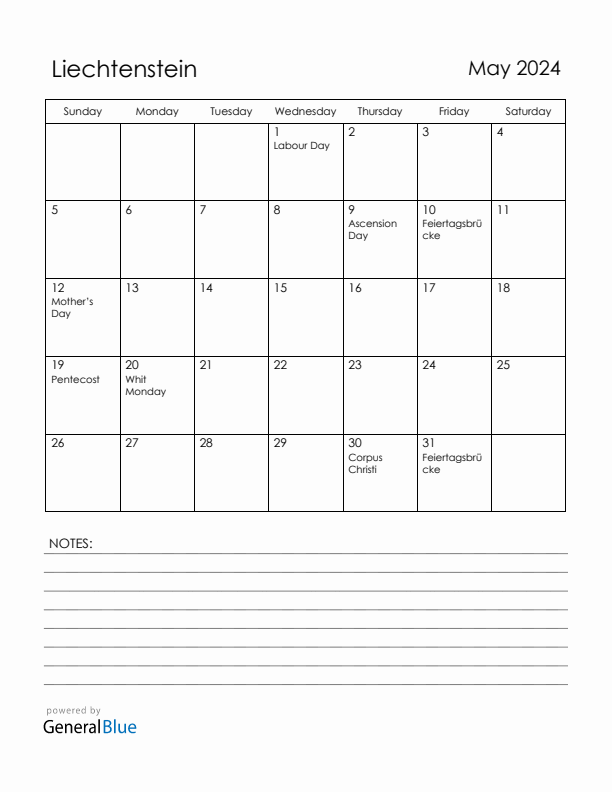 May 2024 Liechtenstein Calendar with Holidays (Sunday Start)