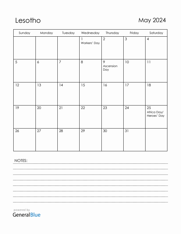 May 2024 Lesotho Calendar with Holidays (Sunday Start)