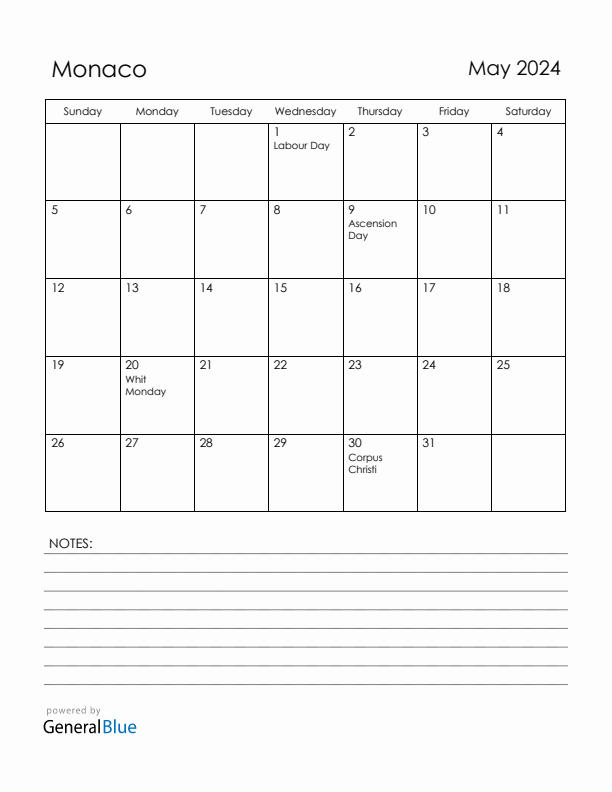 May 2024 Monaco Calendar with Holidays (Sunday Start)