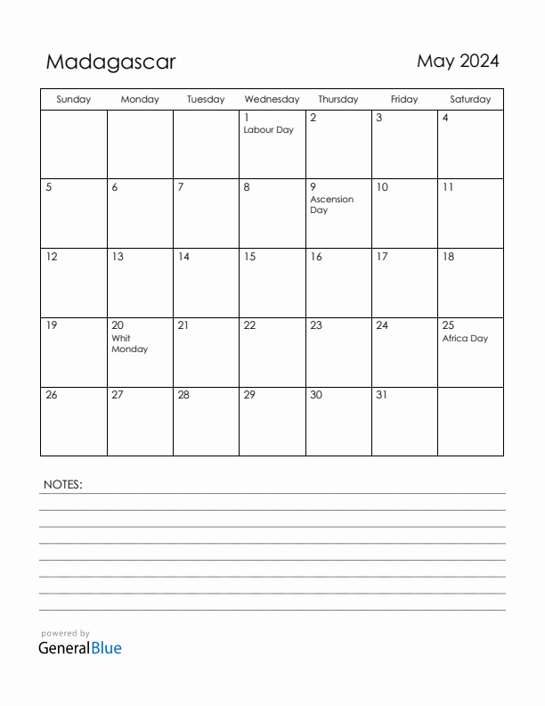 May 2024 Madagascar Calendar with Holidays (Sunday Start)