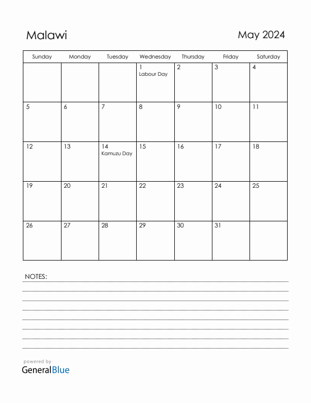 May 2024 Malawi Calendar with Holidays (Sunday Start)