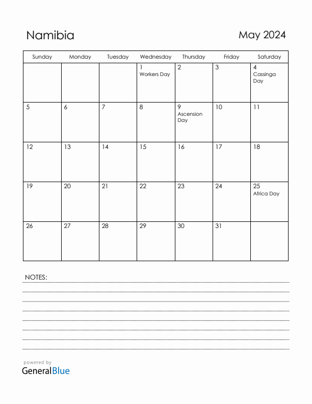 May 2024 Namibia Calendar with Holidays (Sunday Start)
