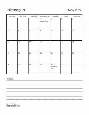 Current month calendar with Nicaragua holidays for May 2024