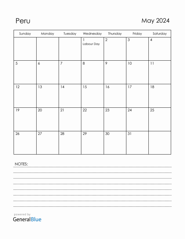 May 2024 Peru Calendar with Holidays (Sunday Start)
