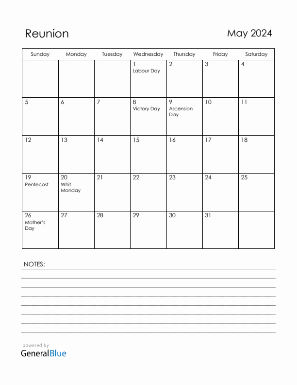 May 2024 Reunion Calendar with Holidays (Sunday Start)
