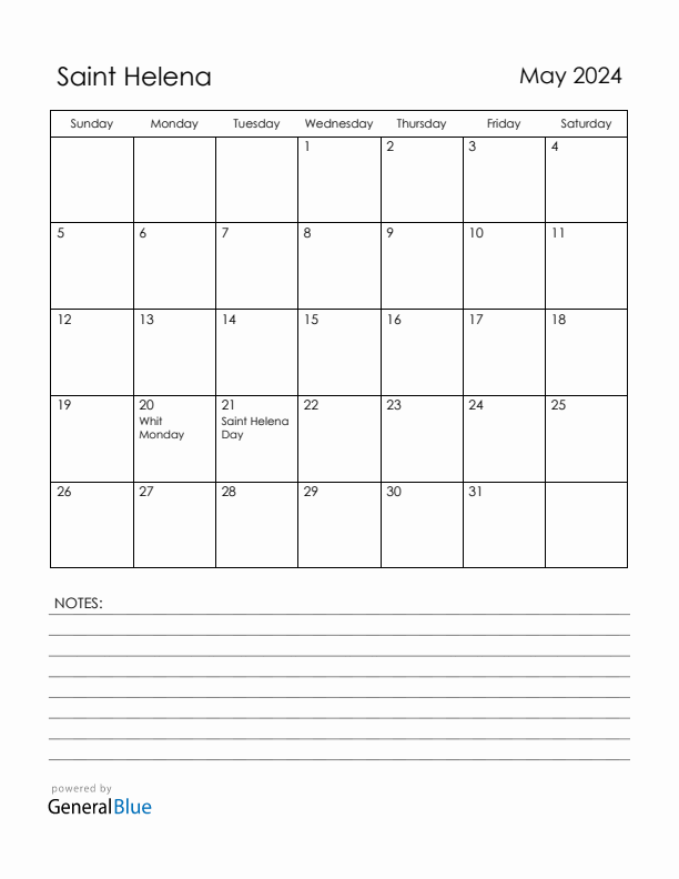 May 2024 Saint Helena Calendar with Holidays (Sunday Start)