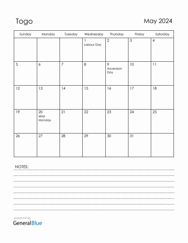 May 2024 Togo Calendar with Holidays (Sunday Start)