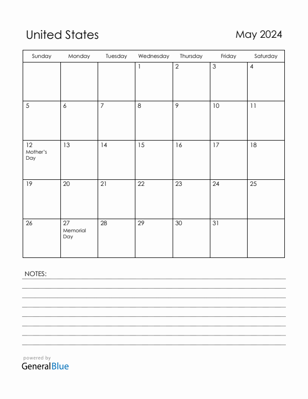 May 2024 United States Calendar with Holidays (Sunday Start)