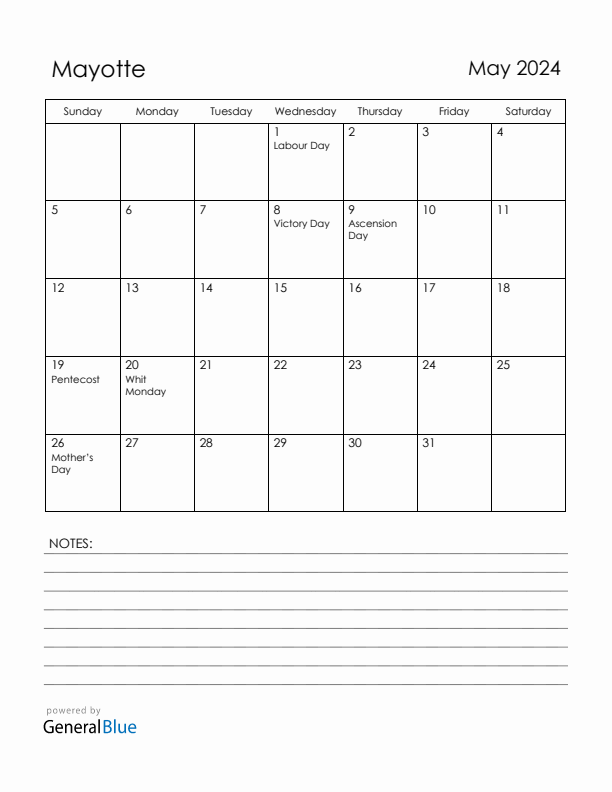 May 2024 Mayotte Calendar with Holidays (Sunday Start)
