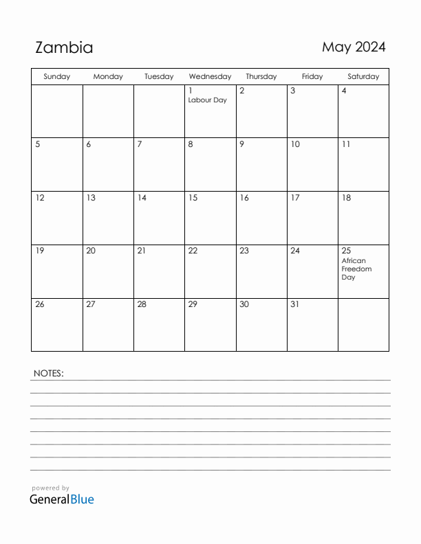 May 2024 Zambia Calendar with Holidays (Sunday Start)