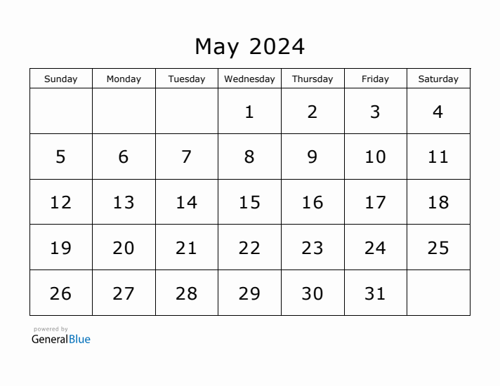 Printable May 2024 Calendar - Sunday Start