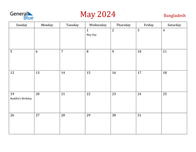Bangladesh May 2024 Calendar