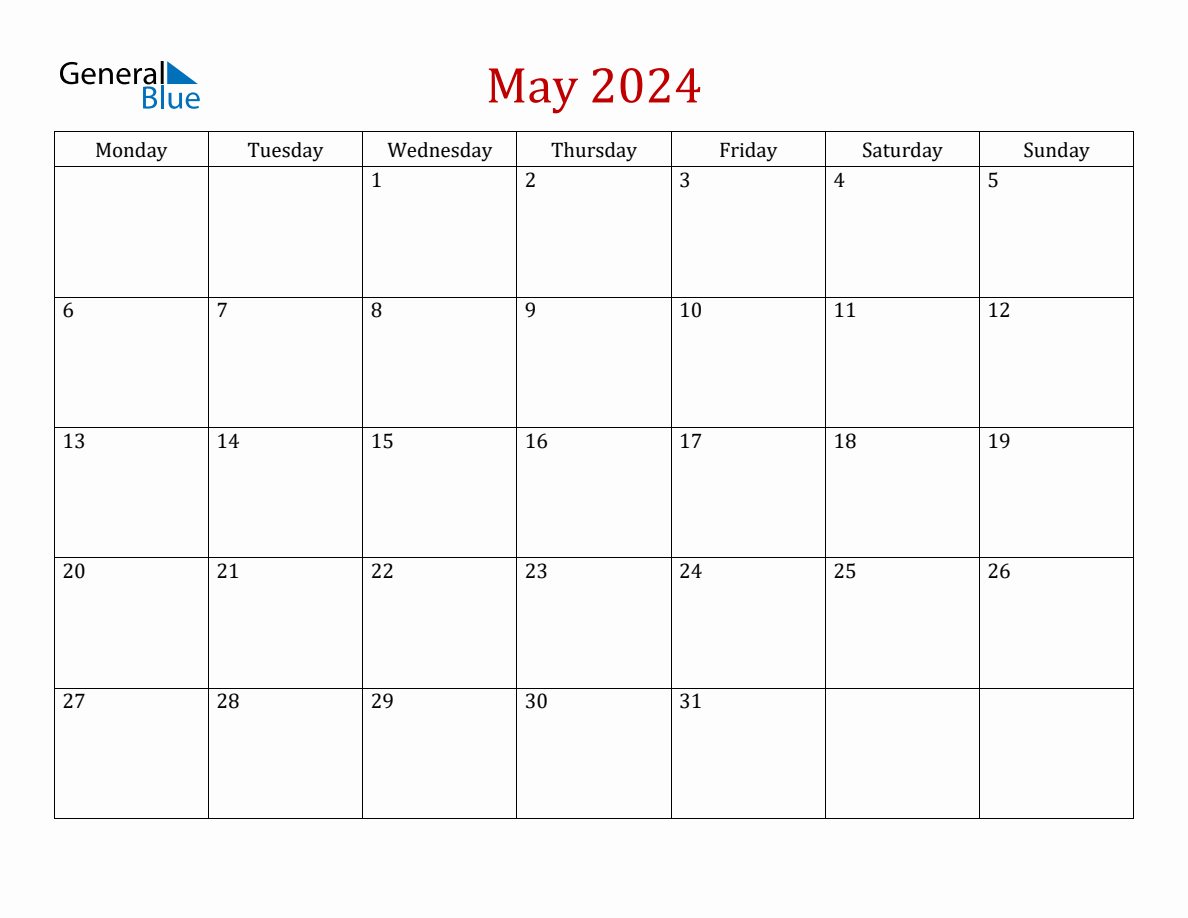 May 2024 Simple Calendar with Monday Start