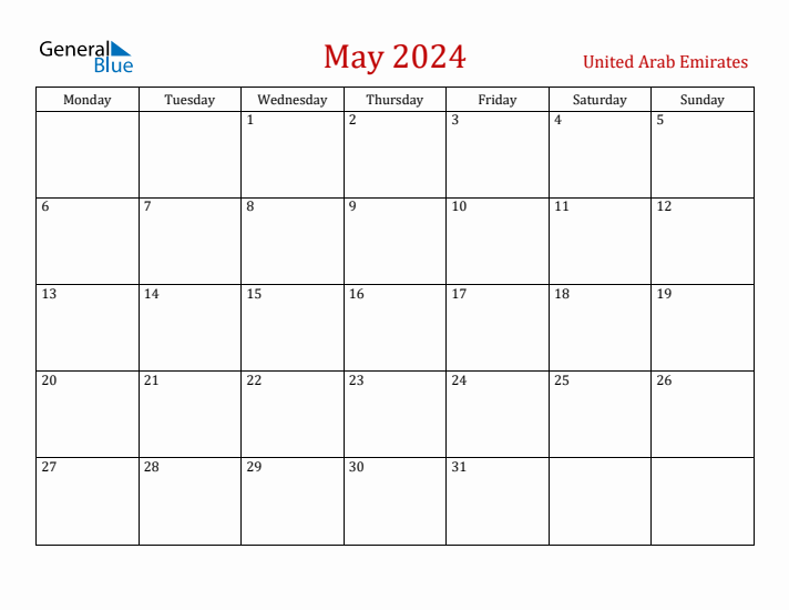United Arab Emirates May 2024 Calendar - Monday Start