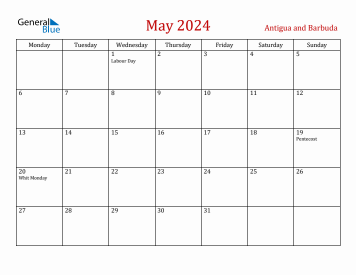 Antigua and Barbuda May 2024 Calendar - Monday Start