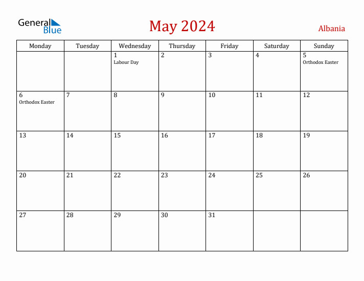 Albania May 2024 Calendar - Monday Start