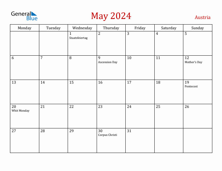 Austria May 2024 Calendar - Monday Start