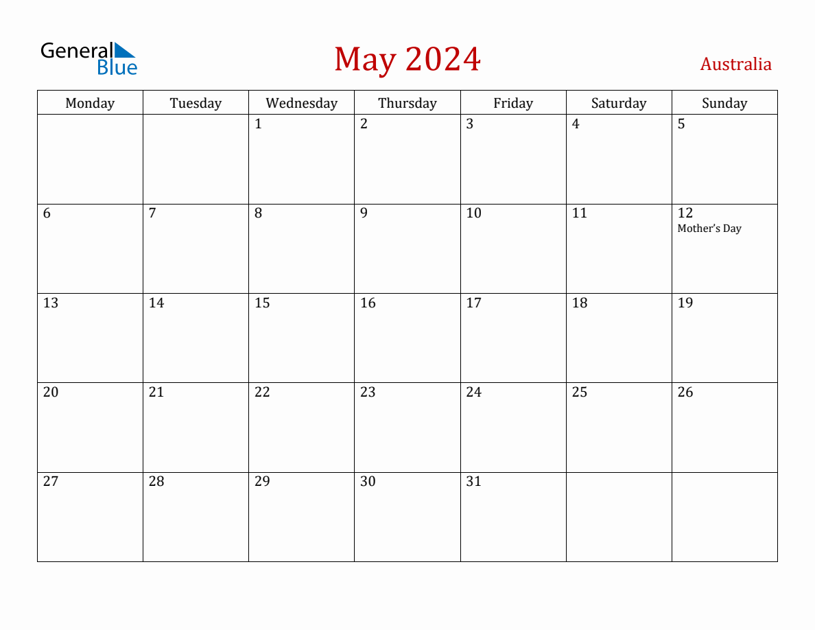 May 2024 Australia Monthly Calendar with Holidays